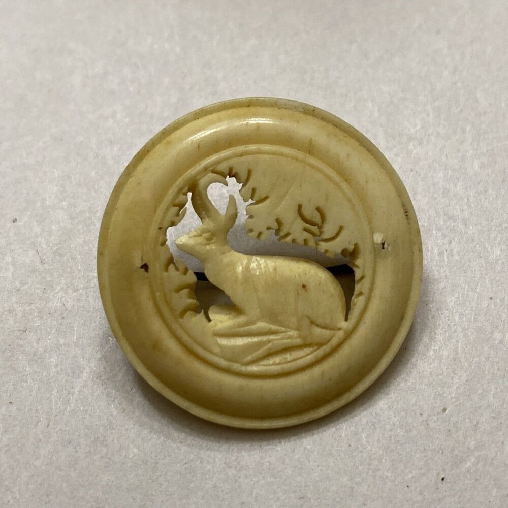Antique Circular Hand Carved Deer Antler Stag Brooch